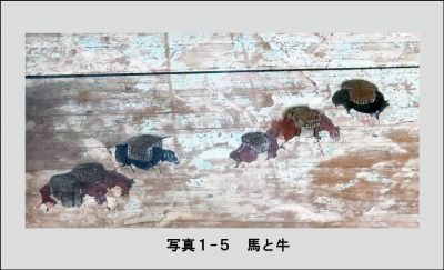 写真1-4　板絵着色江戸柿問屋奉納絵馬　馬と牛