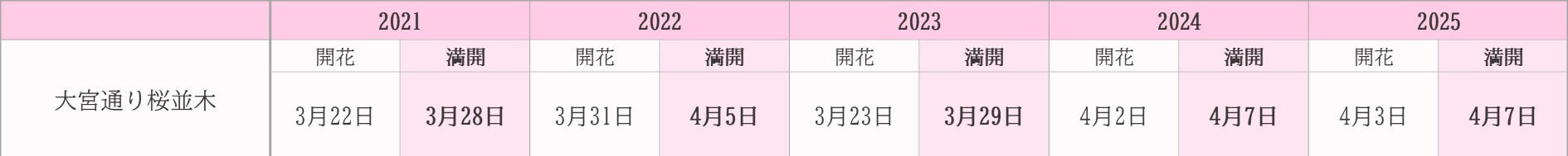 飯田市桜　過去5年開花状況　大宮通り桜並木