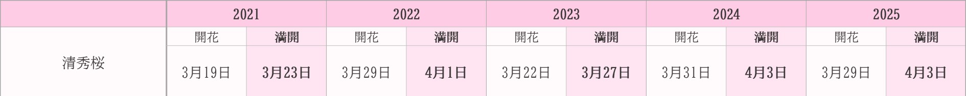 飯田市桜　過去5年開花状況　清秀桜
